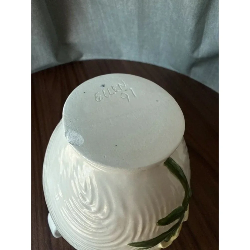 VTG 90s Pottery Vase Handmade Signed Cottage Grandma Floral Urn